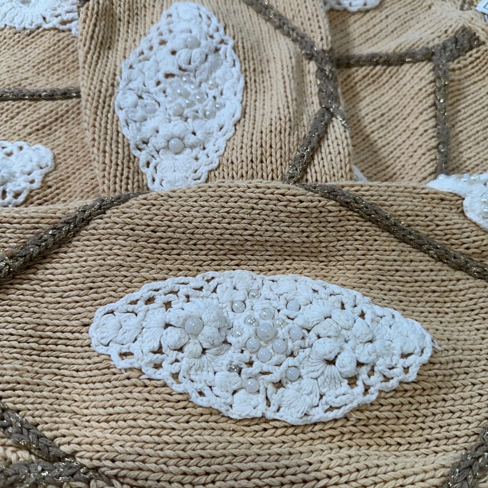 Vintage 90s Casual Corner Statement Knit Sweater Women L Embellished Pearls Gold - Picture 8 of 9
